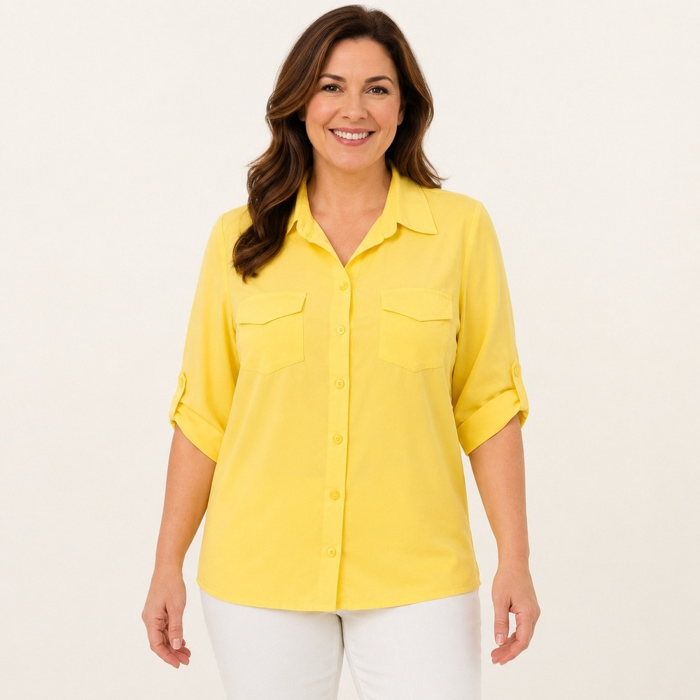 Susan Graver Women's Large Yellow Button Front Utility Blouse Roll Tab Sleeve